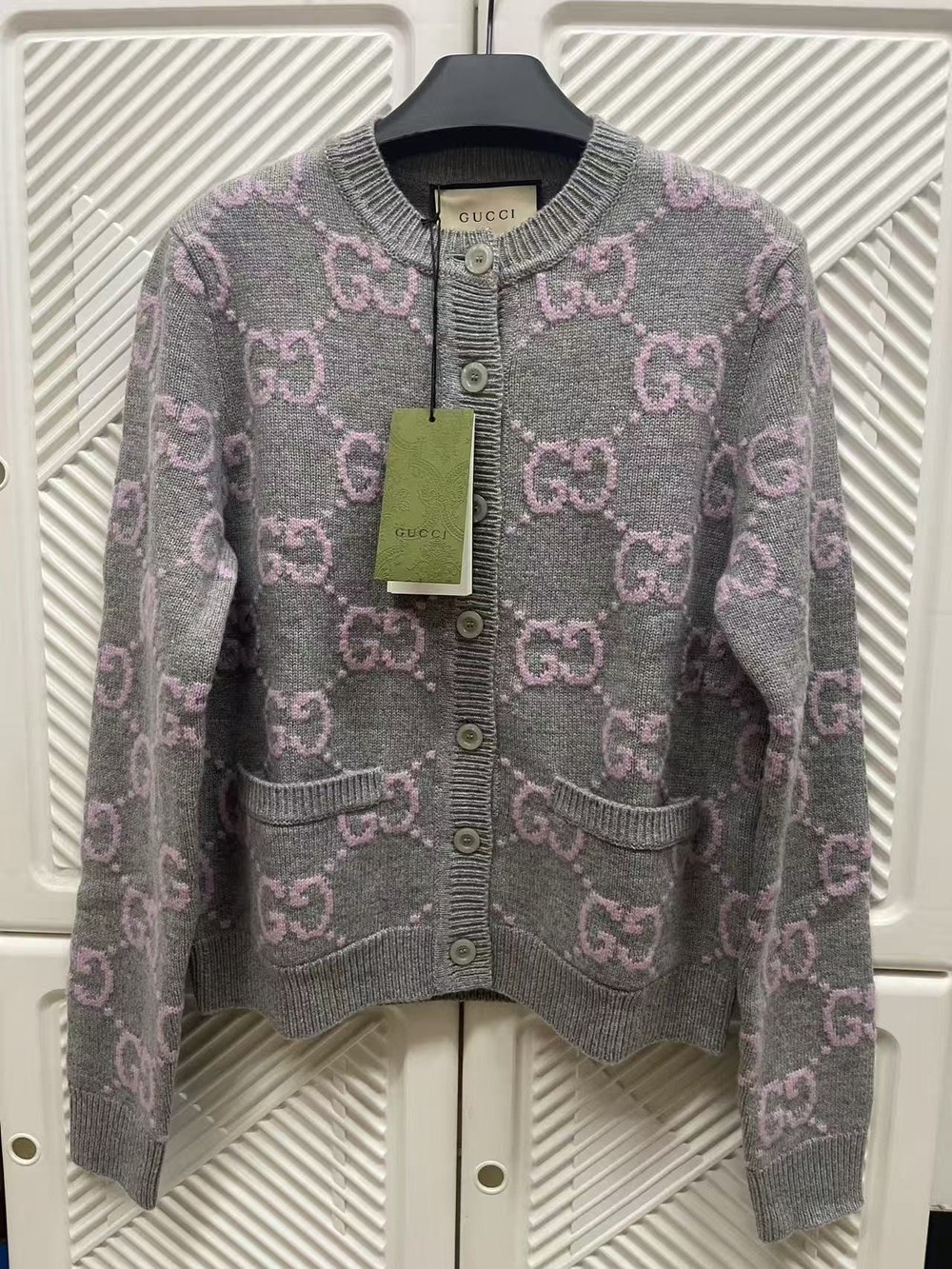 Gucci Women's Gray & Pink GG-Pattern Wool Cardigan
